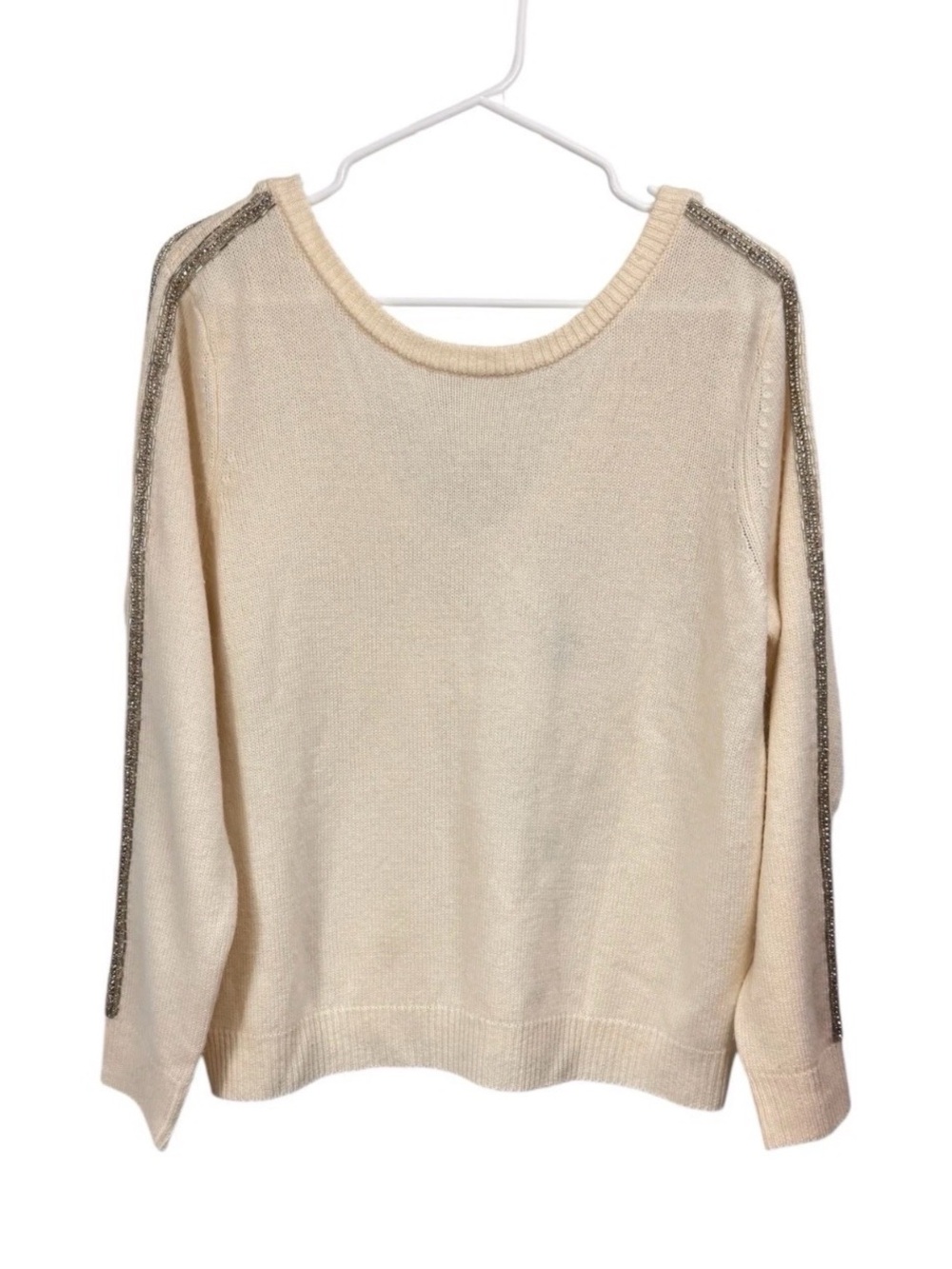 NWT Ellie Tahari Size Medium Wool Cashmere Sweater Sky White Beaded Rhinestone